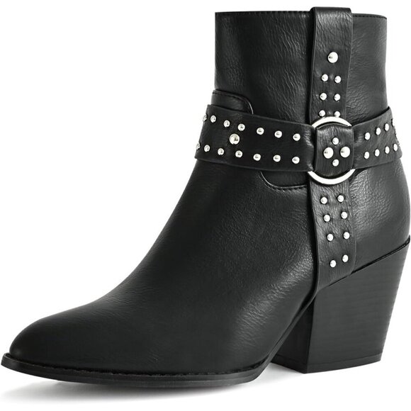 Chunky Stacked Heel Ankle Boots for Women Black Side Zipper Heeled Booties